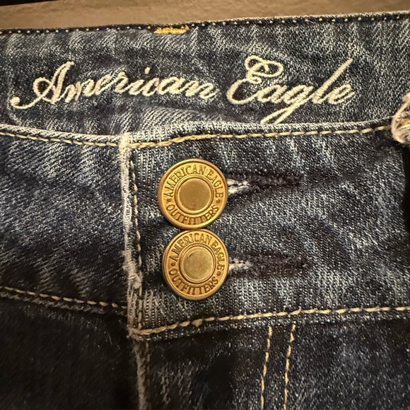 American Eagle Women's Blue Distressed Jeans Size 4 XLong Double Button Flared - Picture 7 of 16